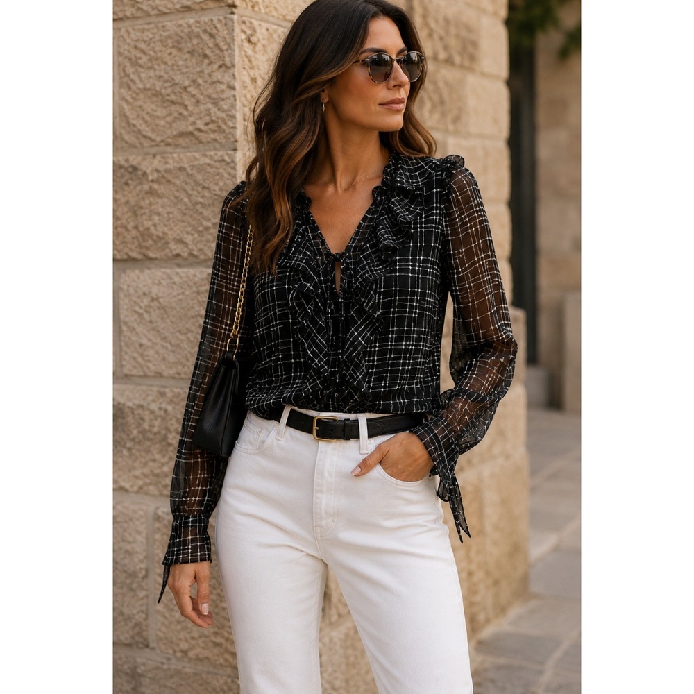 Mssioni Silk Black White Ruffle Tie Neck Blouse Sheer Abstract Print Top Small